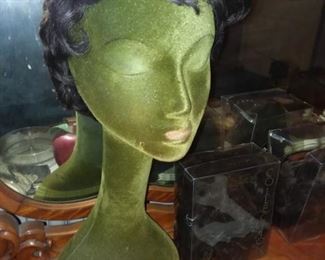 Vintage Velvet Long Neck Mannequin W/ Painted Face