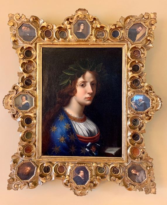 Exceptional 19th c. painting in gorgeous giltwood frame featuring decorative sliced agates alternating with additional miniature painted portraits. 