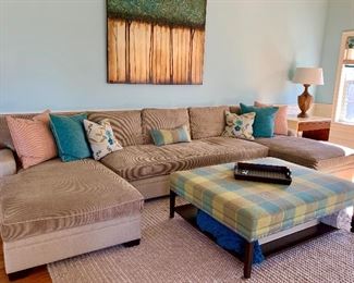 Design Center Boston custom upholstered sectional: Wide corduroy cushions with linen base. Dimensions: Sectional  
13' 1/2" wide
4' 9" deep (including chaise) 3' 6" (middle part without chaise)
19" tall
Ottomon  4' 5" x 4' 5" x 19" tall