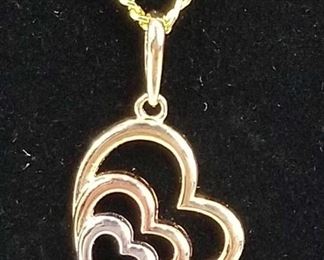 14K Gold Heart Tri- Color Pendant on 14K Gold Plated Chain