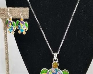 Flower Mosaic Turtle Necklace and Earring Set