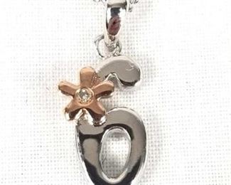 Child's  Silver "6" and Flower Diamond Charm Necklace