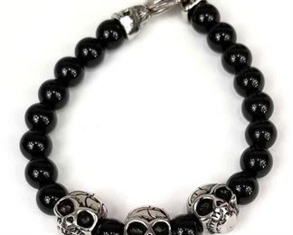 Triple Skull and Black Agate Stainless Steel Bracelet