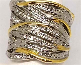 .925 Silver with Clear Crystals and Gold Tone Band