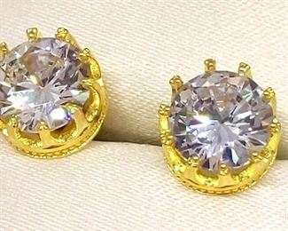 Gold Tone Crown Clear Crystal Earrings