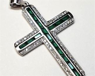 Silver Cubic Zirconia And Green Crystal Cross  Necklace
