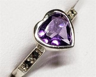  Silver Amethyst Marcasite Ring