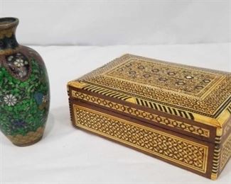 Abalone inset Wooden Jewelry Box and Ornate Small Vase