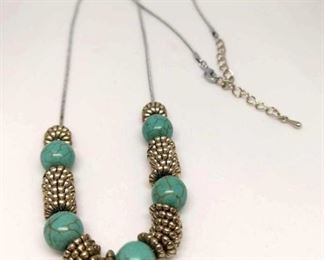 Fashion Beaded Necklace Silver Tone and Turquoise Like