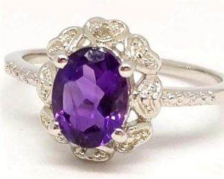 Sterling Silver Amethyst and Diamond Ring, Size 7
