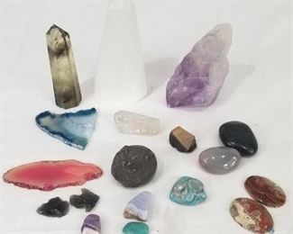 Assortment of crystal points and polished stones