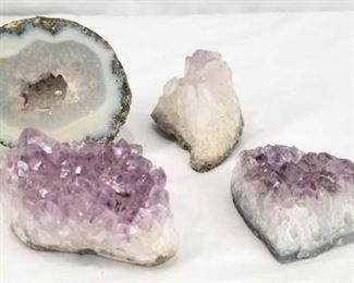 3 Amethyst clusters and 1 agate geode