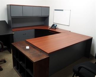 Wood Topped, 4 Drawer U-Shaped Workstation With 4 Door Hutch And Keyboard Shelf, 66" x 72" x 101.5"