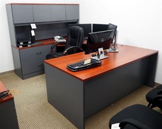 Wood Topped, 4 Drawer U-Shaped Workstation With 4 Door Hutch And Keyboard Shelf, 65" x 72" x 102"