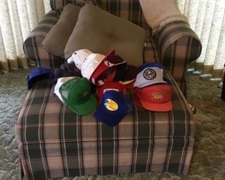 Plaid overstuffed chair and ottoman