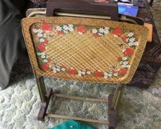 Set of vintage metal TV trays with stand