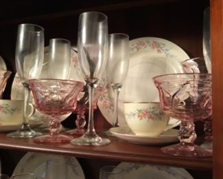 Homer Laughlin Nautilus Eggshell, pink depression glass, wine glasses
