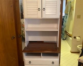 Modern painted drop front desk with cabinet storage and shelves