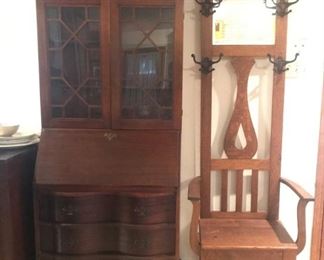 Queen Anne style drop front bookcase secretary and Antique 3/4 Tiger Oak hall tree