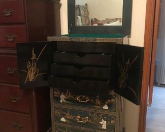 Tall with mirror Oriental detailed jewelry cabinet
