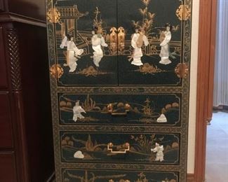 Ornate Oriental painted Geisha Girl with Abalone shell LARGE jewelry cabinet