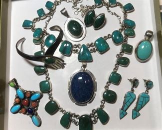 Native American Lapis, Malachite, Turquoise, Coral sterling silver jewelry.