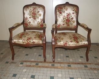 Louis XV style pair armchairs floral upholstery beech