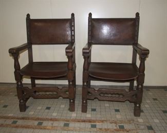 Spanish pair armchairs in leather and oak
