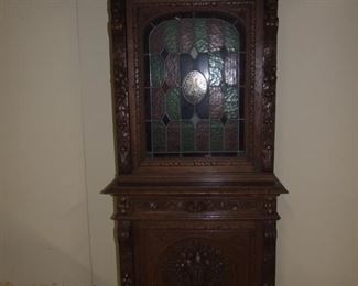 Quality Pair of Matching Louis XIII style single door buffet de corpses/2 parts colour leaded doors in oak