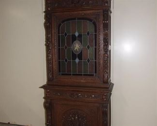Quality Pair of Matching Louis XIII style single door buffet de corpses/2 parts colour leaded doors in oak