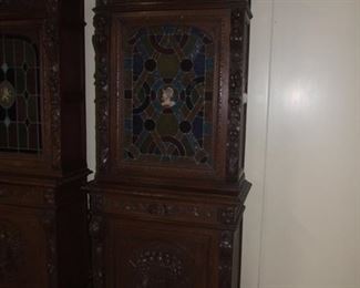 Quality Pair of Matching Louis XIII style single door buffet de corpses/2 parts colour leaded doors in oak