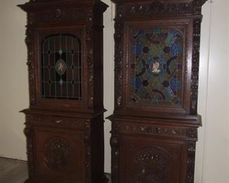 Quality Pair of Matching Louis XIII style single door buffet de corpses/2 parts colour leaded doors in oak