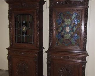 Quality Pair of Matching Louis XIII style single door buffet de corpses/2 parts colour leaded doors in oak