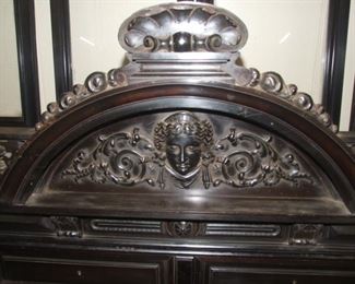 Napoleon III style 4 door glazed bookcase with carved head ebonised in walnut flat pack