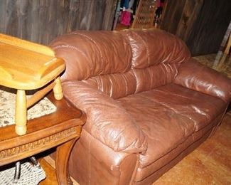 leather love seat, side and coffee table