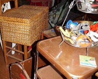 kitchen vintage cart, wicker, storage box, cookie cutters