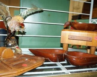 glass eagle, wood bowls, block
