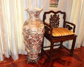 Large Ornate Urn and Vintage, Carved, Wood Chair with Cushion