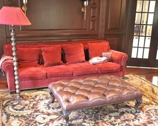 Sofa and Chesterfield, Nail Head Ottoman with Floor Lamp 