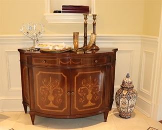 Demilune Inlaid Chests with Candlesticks, Covered Urn and other Decorative Items