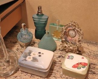 Assorted Perfume Bottles, Porcelain Boxes, Clock and Decanter