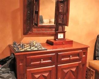 Wood Cabinet, Unique Mirror, Clock, Chess Board and Chess Set