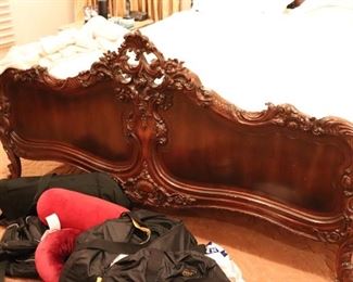 Carved King Headboard and Foot Board with Mattress and Nightstand