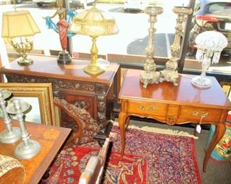 Country French Desk, French Boulette Desk Lamp, Dome Crystal Lamp as is, Pr of Early,  Pricket Repousse Candlesticks as is, 