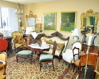 Meeks Victorian Loveseat, Pr of Edwardian Inlaid with Mother of Pearl Parlor Chairs, Marquetry French Ladies Desk, 