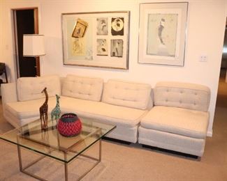 2 Piece White Sofa/Sectional and Square Metal and Glass Coffee Table, and Art