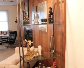 Curio Unit in Wood, Metal & Glass with Blown Glass, Ceramic and Sculptural Decorative, including Giraffe Collectibles 