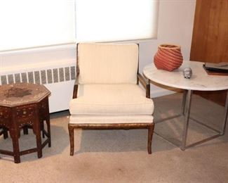 Mid Century Chair, Octagonal Inlaid Side Table and Round Table with Decorative Items