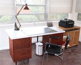 Desk, Shelf Unit on Casters and Chair with Desk Lamp