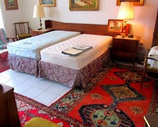 Teak King bed board, oriental Runners & Fine Original Framed Art